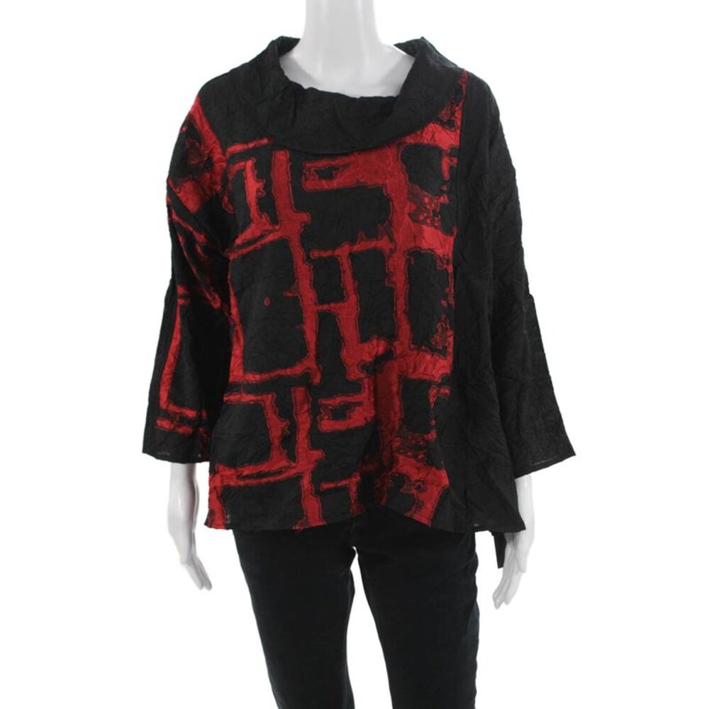 Sydney Women Tunic Blouse Black 3/4 Sleeve Mock Neck Geometric Size M